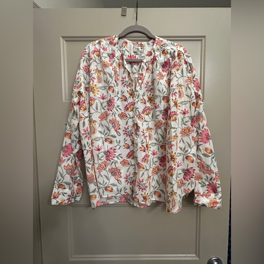 Mille  Button-Front Blouse - White with Pink & Yellow Flowers, xl
